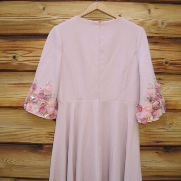 MAC DUGGAL 11854 Pink Crepe 3/4 Sleeve A-line Gown With Flower Trim - Picture 11 of 13